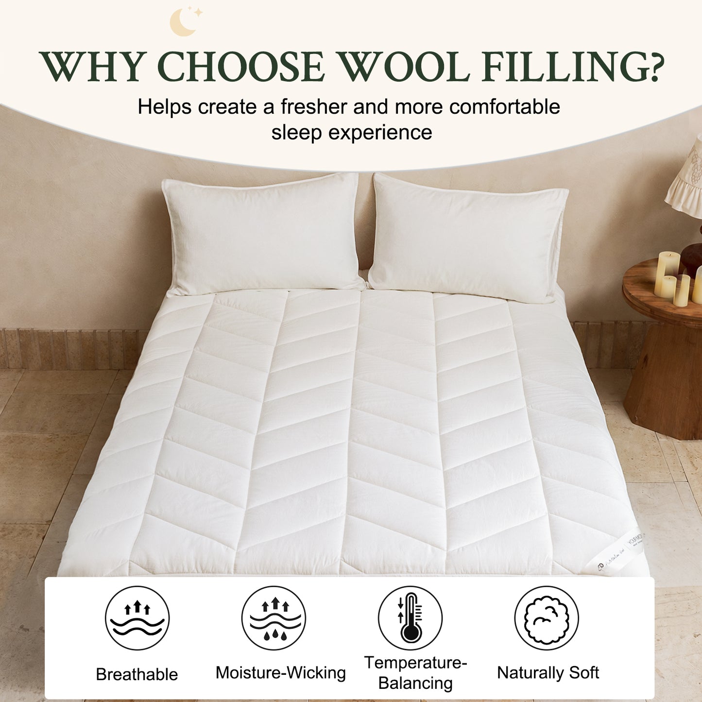 YOUR MOON Natural Wool Mattress Pad Queen Size, 100% Australian Wool Filling Mattress Topper, 560GSM Quilted Fitted Mattress Bed Cover, Breathable Cotton Cover with 16" Deep Pocket(White)