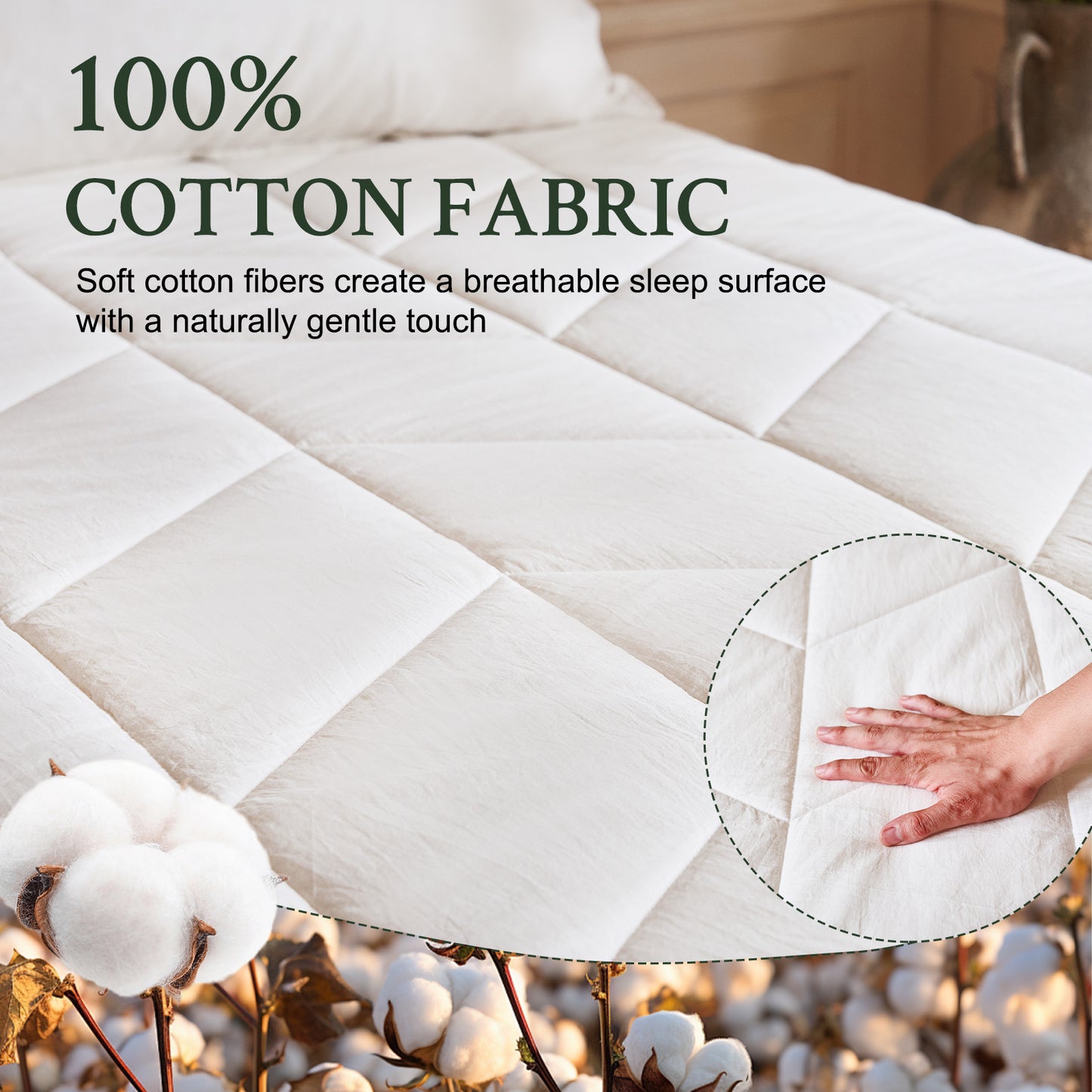 YOUR MOON Natural Wool Mattress Pad Queen Size, 100% Australian Wool Filling Mattress Topper, 200GSM Quilted Fitted Mattress Bed Cover, Breathable Cotton Cover with 16" Deep Pocket(White)