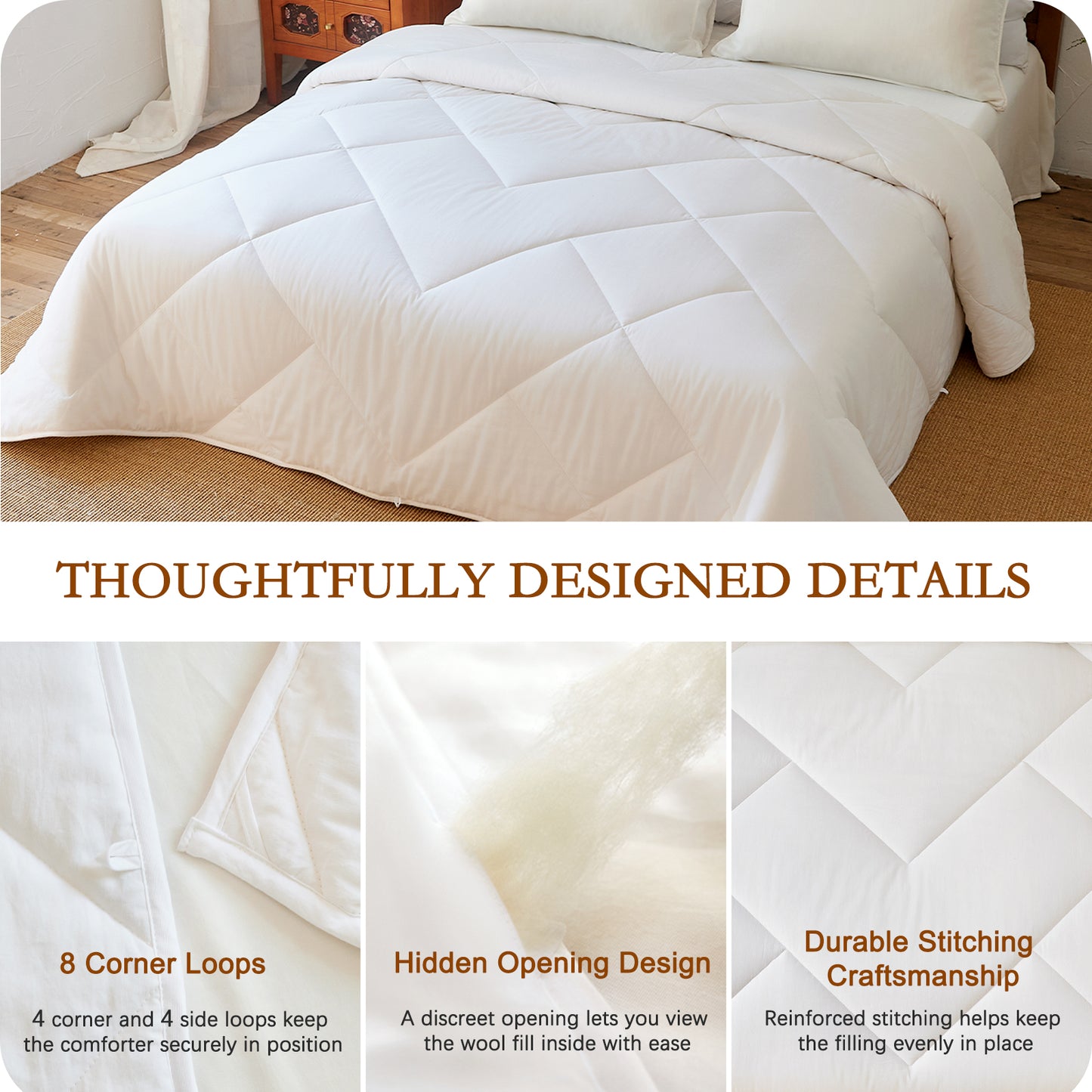YOUR MOON All Season Wool Comforter Queen Size, Cotton Shell, White 100% Australian Wool Filling, 300 GSM Medium Weight, Soft Breathable Wool Duvet Insert for Year-Round Use, 90 x 90 in
