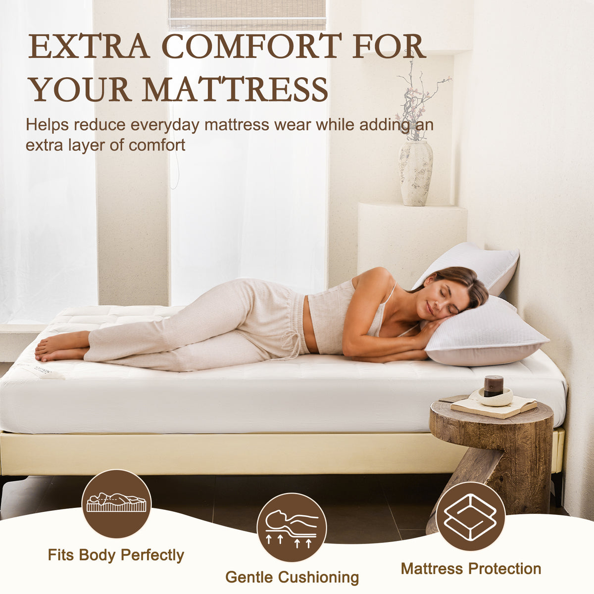 YOUR MOON Wool Mattress Pad Queen, 51% Australian Wool, 200GSM-White Natural Cotton Cover, Quilted Wool Mattress Pad, Fitted Mattress Bed Cover with 16-Inch Deep Pocket