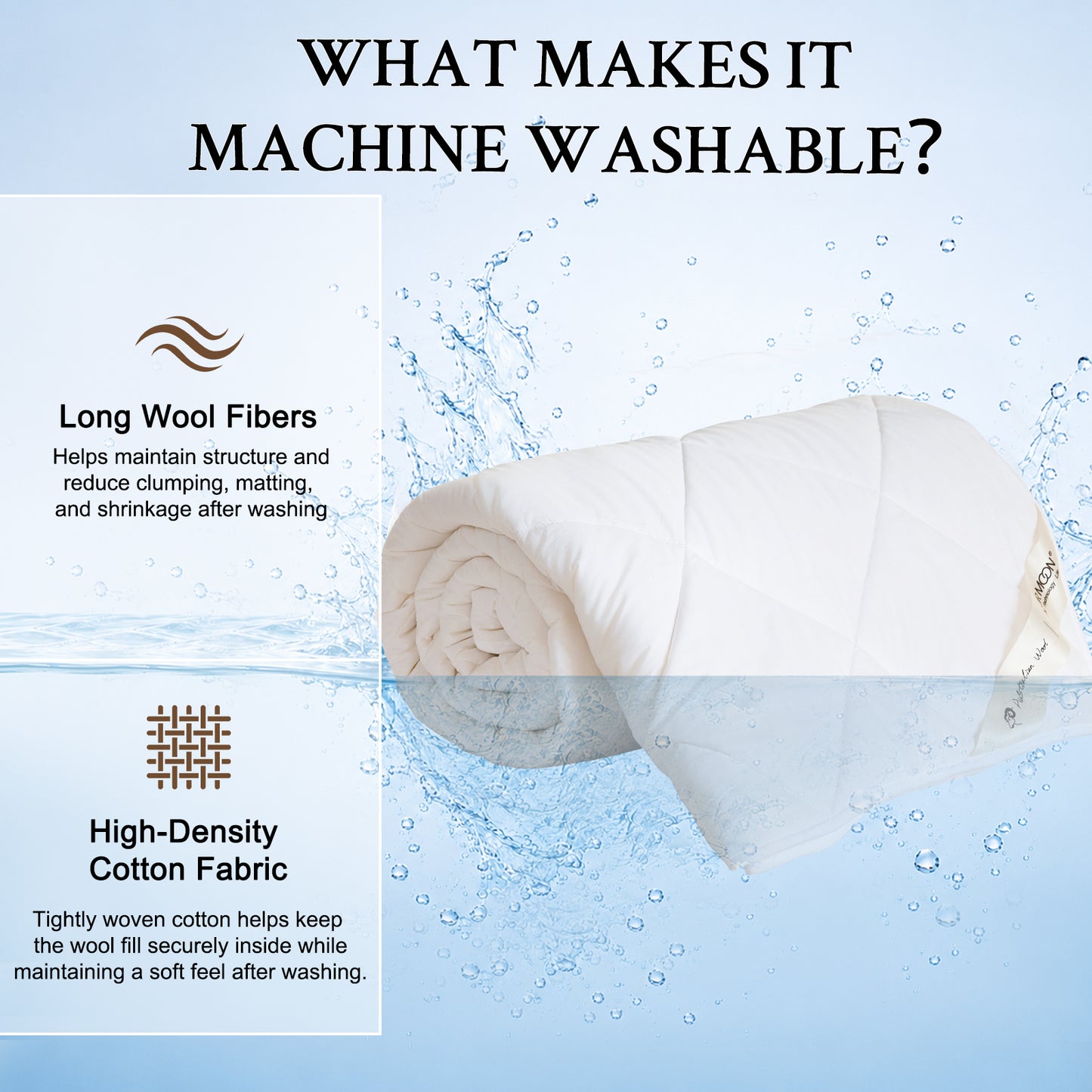 YOUR MOON Machine Washable Wool Comforter Queen, All Season, White 100% Australian Long-Staple Wool Filling, Noiseless Cotton Shell, 300 GSM Medium weight, Wool Duvet Insert for Year-Round