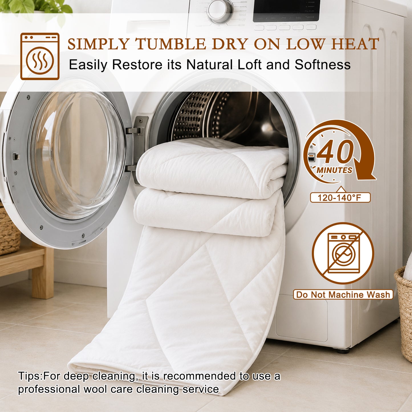 YOUR MOON All Season Wool Comforter Queen Size, Cotton Shell, White 100% Australian Wool Filling, 300 GSM Medium Weight, Soft Breathable Wool Duvet Insert for Year-Round Use, 90 x 90 in
