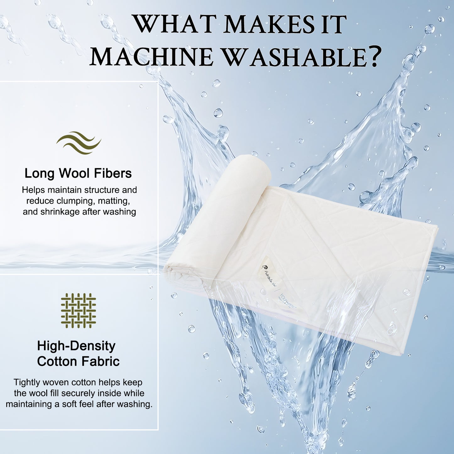 YOUR MOON Machine Washable Wool Comforter Queen, Lightweight, White 100% Australian Long-Staple Wool Filling, Quiet Cotton Shell, 100 GSM Summer-Weight Wool Duvet Insert for Hot Sleepers