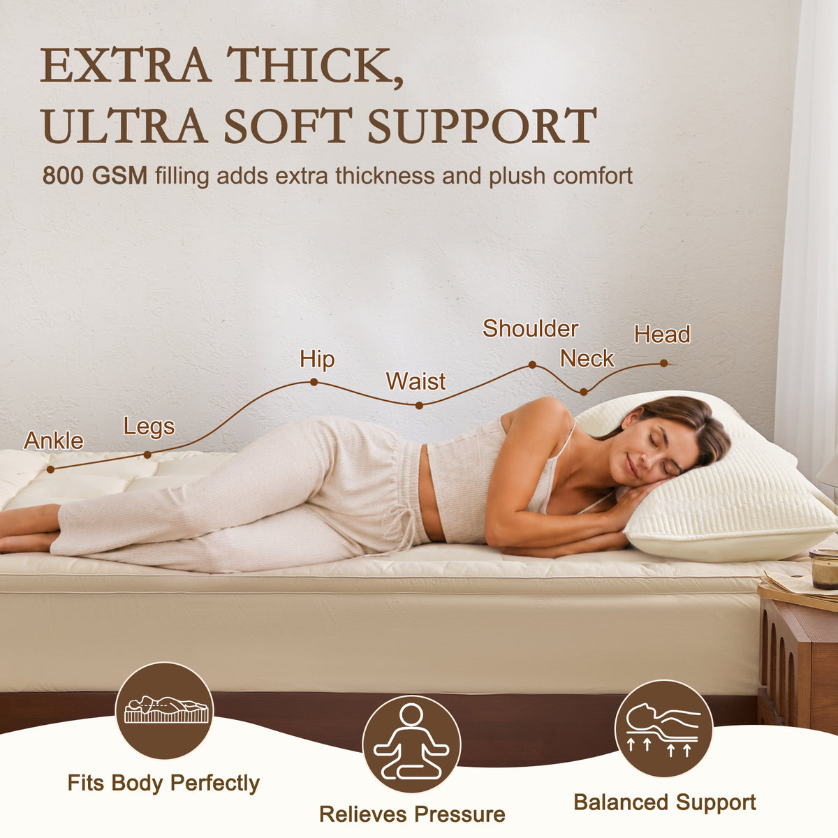 YOUR MOON Wool Mattress Topper Queen, 51% Australian Wool, 800GSM-Off White Natural Cotton Cover, Quilted Wool Mattress Pad, Fitted Mattress Bed Cover with 16-Inch Deep Pocket