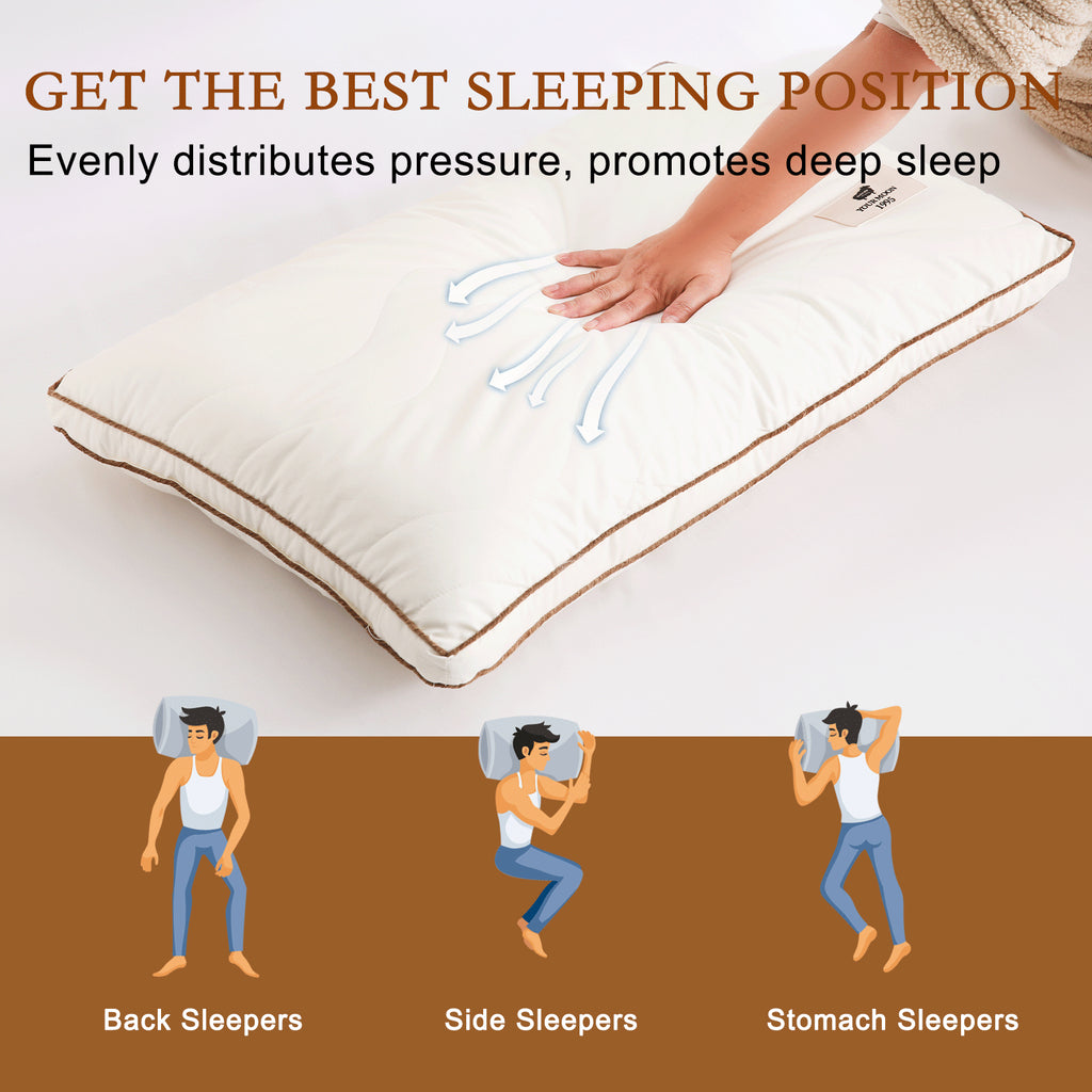 YOUR MOON Natural Wool Pillow Queen Size, Flat & Thin Wool Pillow for Sleeping, Low-Loft Bed Pillows for Back and Stomach Sleepers, Breathable Cotton Cover
