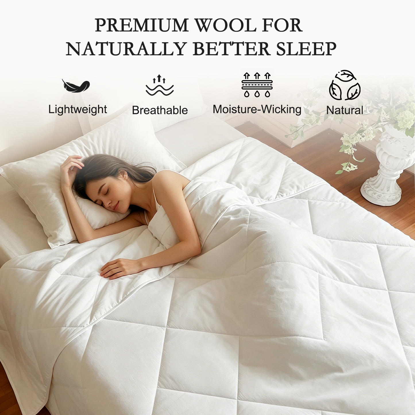 YOUR MOON Lightweight Wool Comforter Queen, Cotton Shell, White 100% Natural Australian Wool Filling, 100 GSM Summer Weight Thin Wool Duvet Insert for Warm-Weather