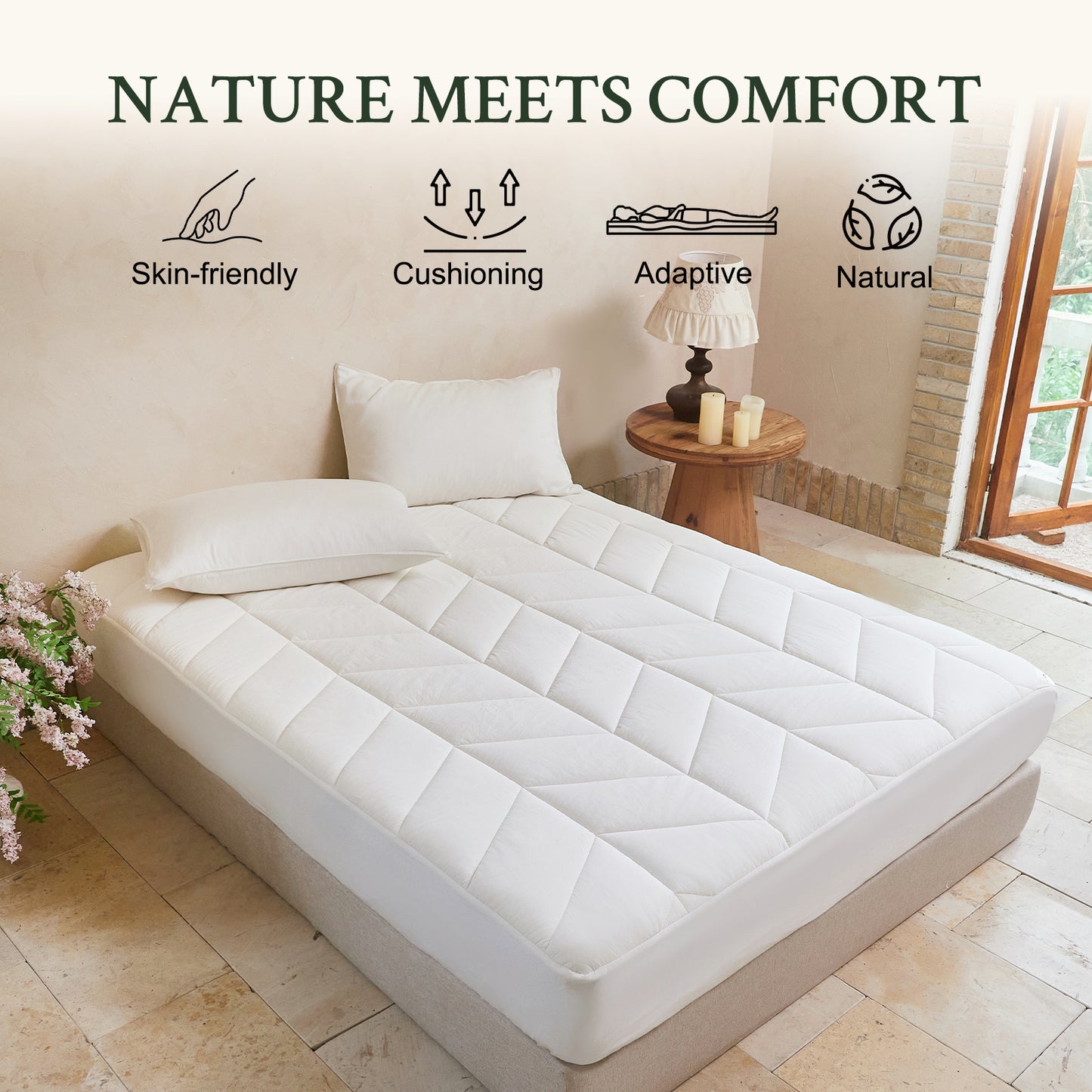 YOUR MOON Natural Wool Mattress Pad Queen Size, 100% Australian Wool Filling Mattress Topper, 560GSM Quilted Fitted Mattress Bed Cover, Breathable Cotton Cover with 16" Deep Pocket(White)