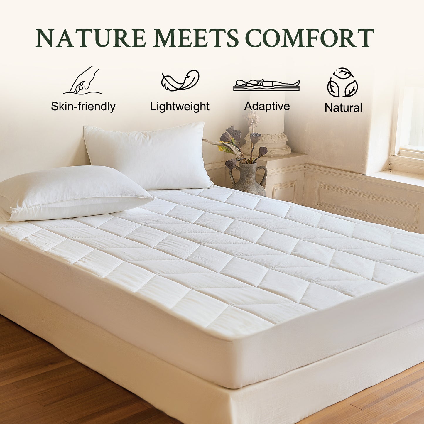 YOUR MOON Natural Wool Mattress Pad Queen Size, 100% Australian Wool Filling Mattress Topper, 200GSM Quilted Fitted Mattress Bed Cover, Breathable Cotton Cover with 16" Deep Pocket(White)
