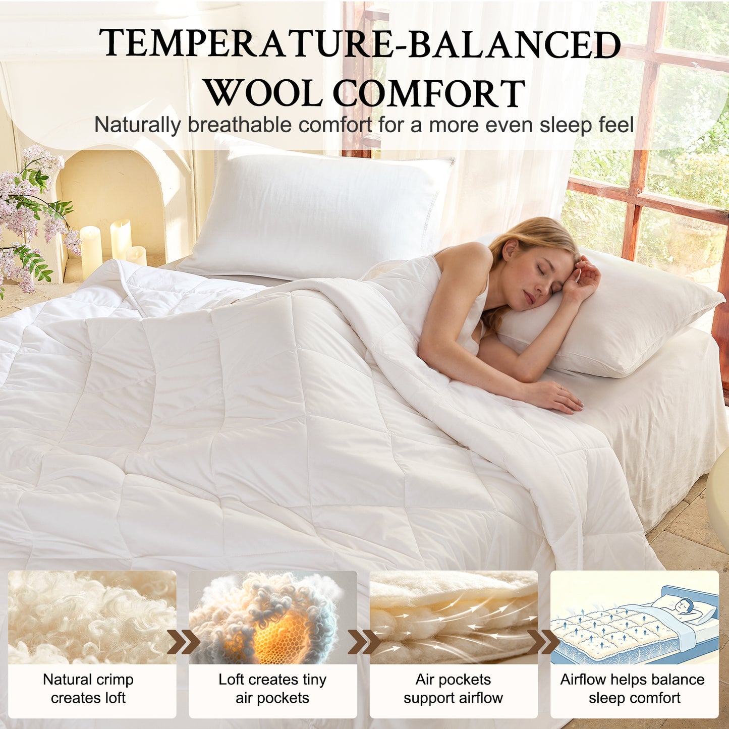 YOUR MOON Machine Washable Wool Comforter Queen, All Season, White 100% Australian Long-Staple Wool Filling, Noiseless Cotton Shell, 300 GSM Medium weight, Wool Duvet Insert for Year-Round