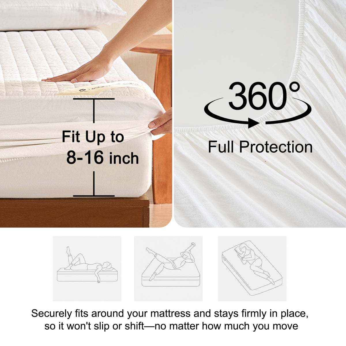 YOUR MOON 100% Washable Wool Mattress Pad, Checkered White 100% Natural Australian Wool Filling, Breathable Cotton Cover, 200GSM Quilted Fitted Mattress Bed Cover