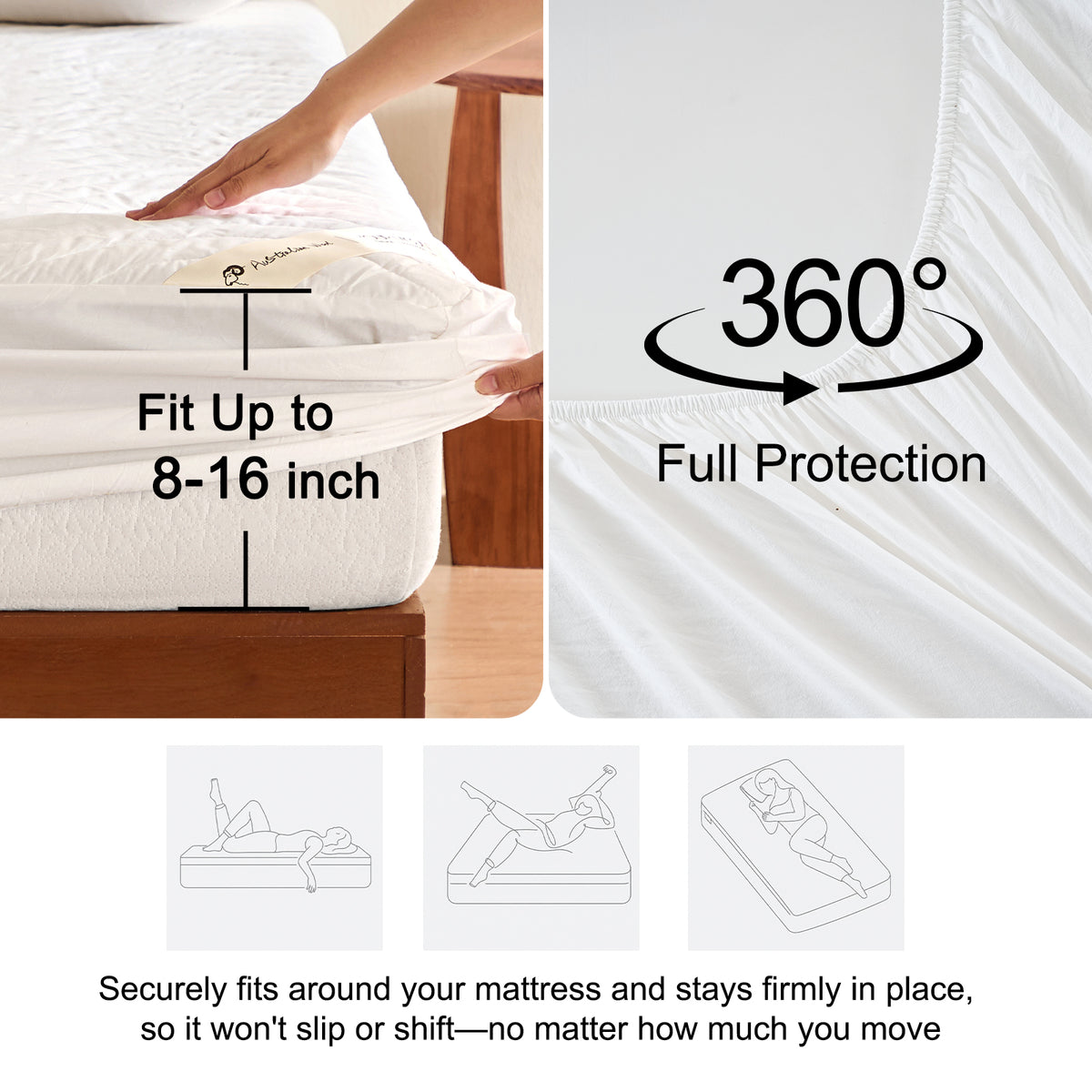 YOUR MOON 100% Washable Wool Mattress Pad, Wavy White 100% Natural Australian Wool Filling, Breathable Cotton Cover, 200GSM Quilted Fitted Mattress Bed Cover