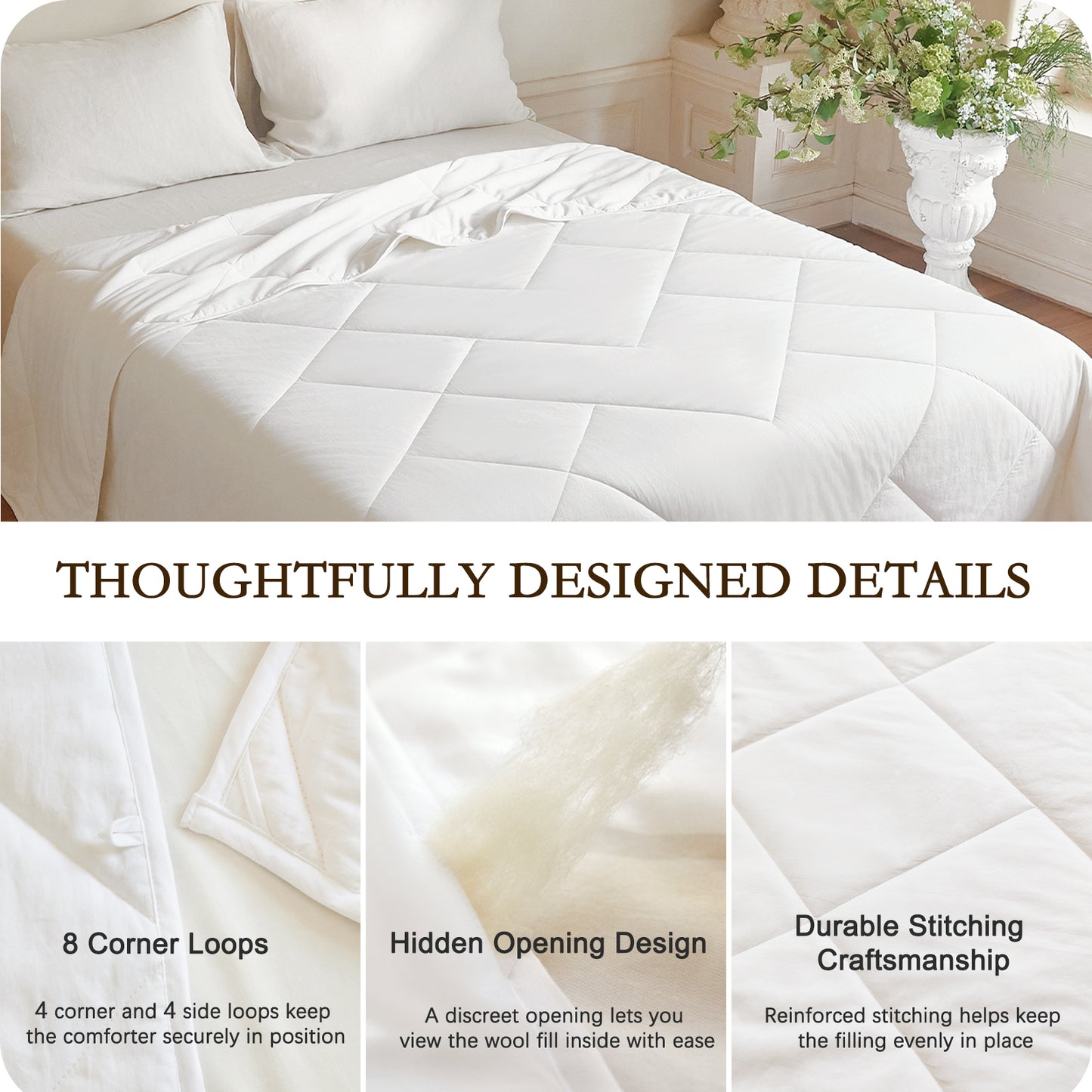 YOUR MOON Lightweight Wool Comforter Queen, Cotton Shell, White 100% Natural Australian Wool Filling, 100 GSM Summer Weight Thin Wool Duvet Insert for Warm-Weather